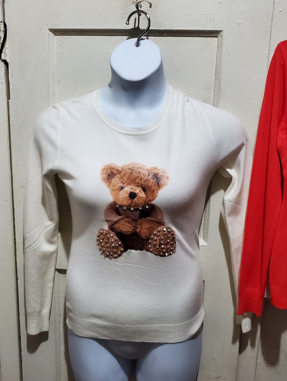 Cream Sweater with Embellished Teddy Bear Motif Size L / XL
